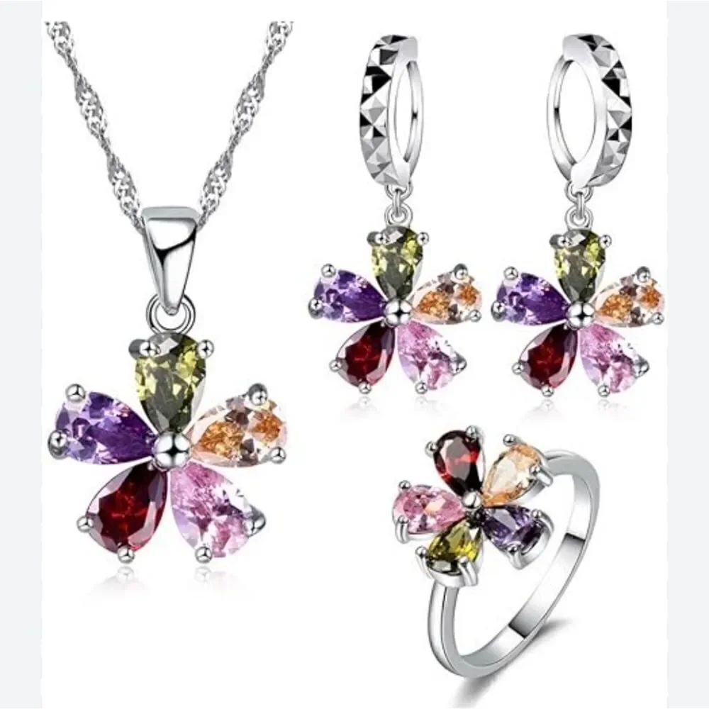 925 Sterling Silver Colorful Cubic Zircon PendantNecklace Earrings Ring Set